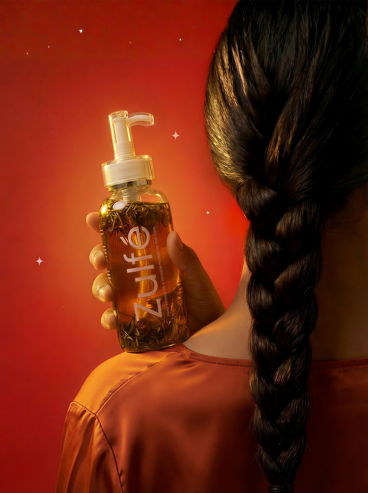 Person holding a bottle of Zulfe hair oil product against a red background