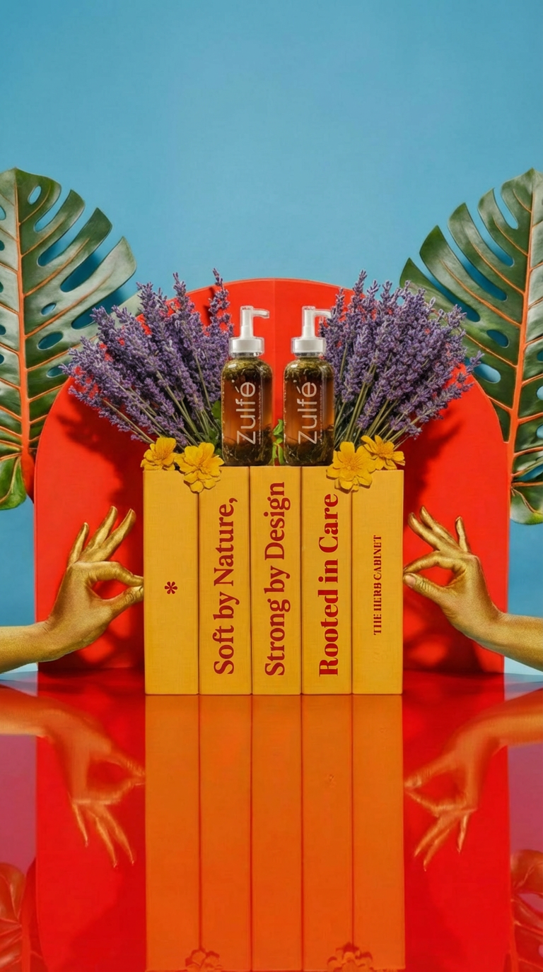 the herb cabinet hair care products with lavender and sunflower decorations on a red platform against a blue sky.

