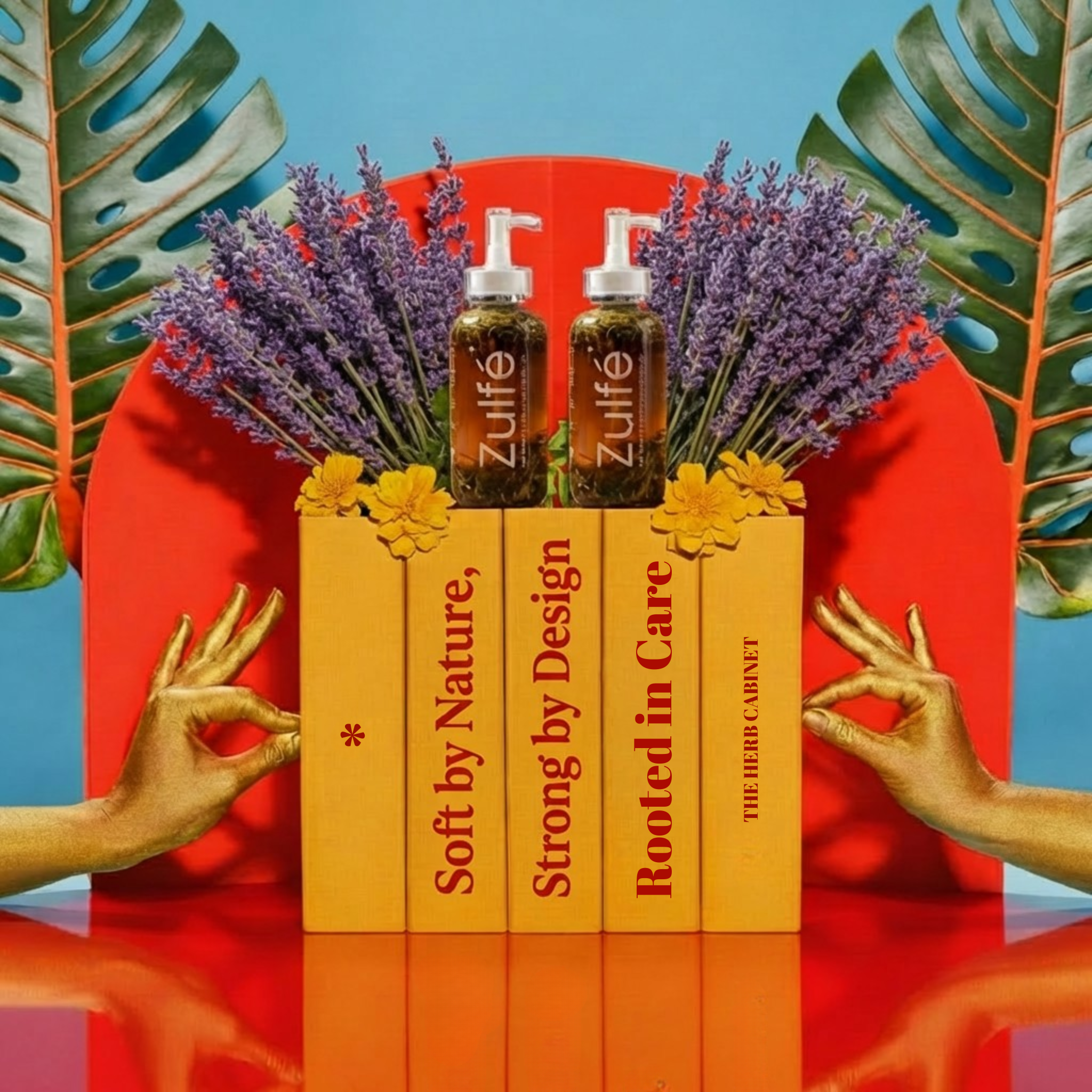 Zulfe bottles with lavender and flowers on a red platform with hands, against a blue background with green leaves.
