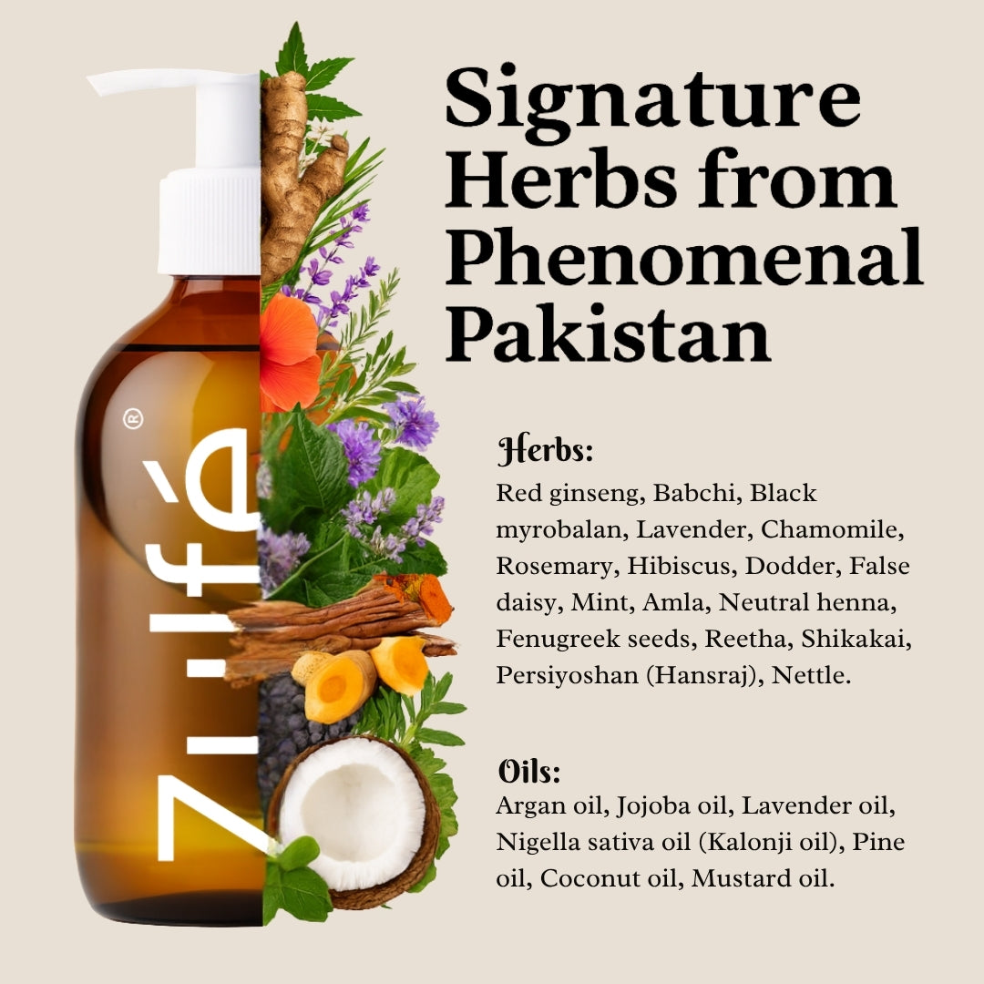 Zulfé herbal hair oil for hair growth and hair fall control inspired by traditional Pakistani champi with visible botanicals