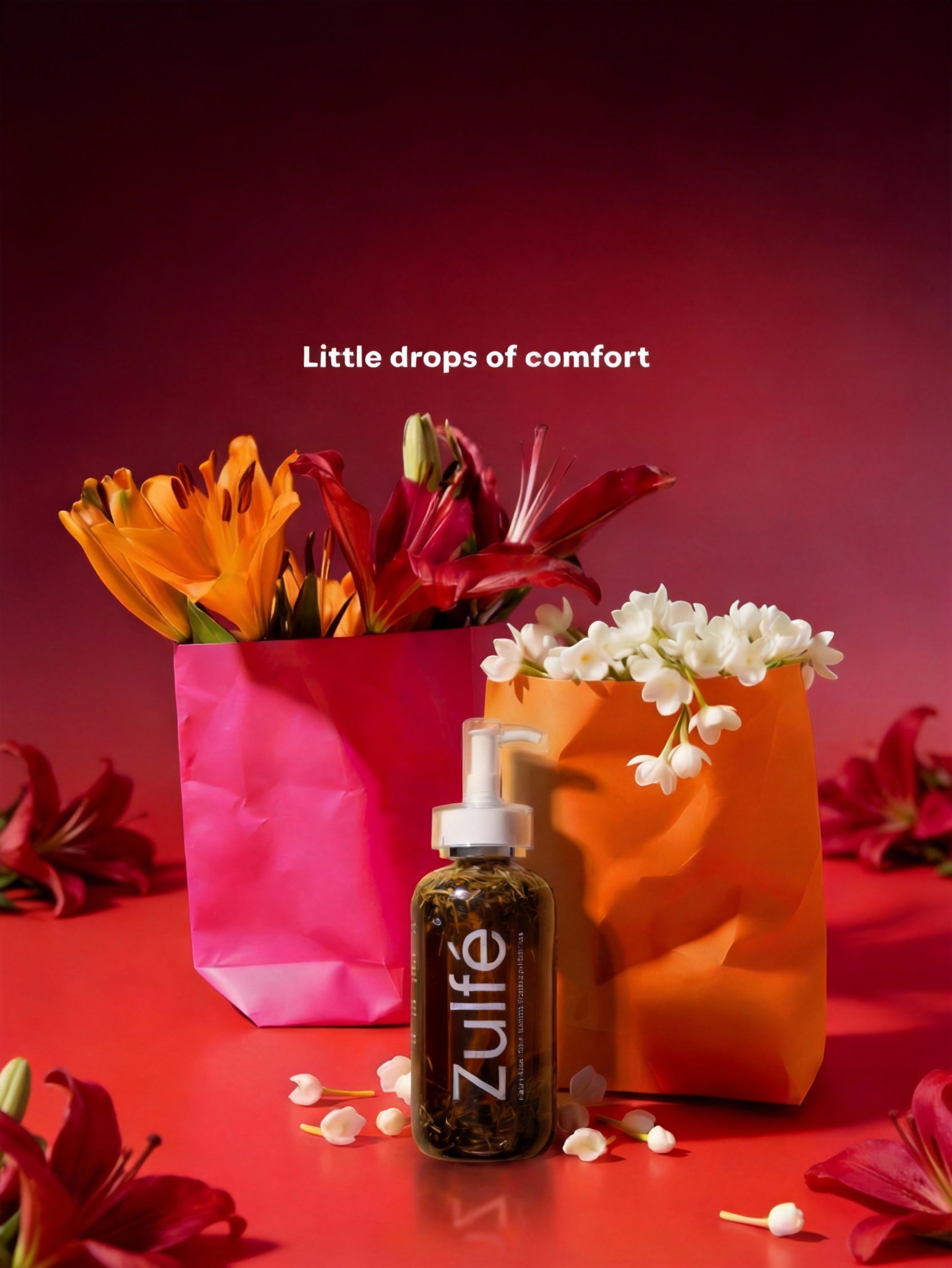 Pakistan's best hair oil Zulfe bottle with flowers and shopping bags on a red background
