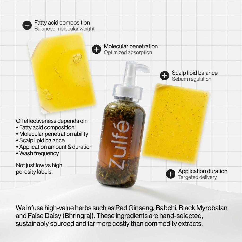 Zulfé herbal hair oil showing fatty acid composition, molecular penetration, scalp lipid balance and premium botanical infusion for effective hair care