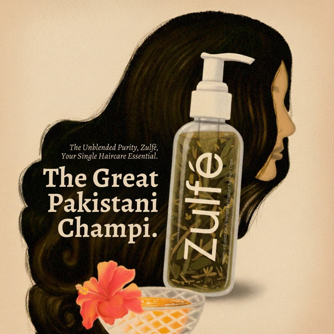 Premium Pakistani herbal hair oil Zulfé inspired by traditional champi for long, healthy, shiny hair
