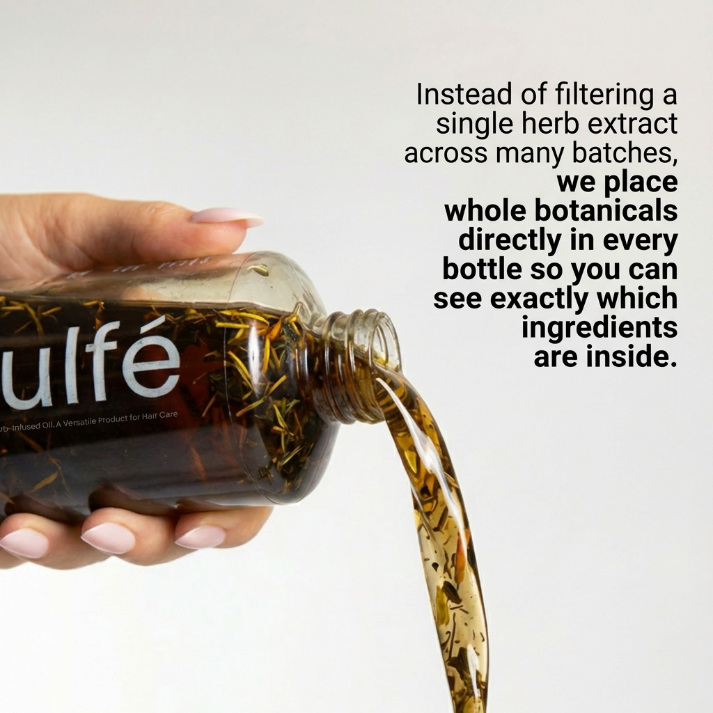 Zulfé herbal hair oil bottle with visible whole botanicals showing real herbs infused inside for natural hair growth